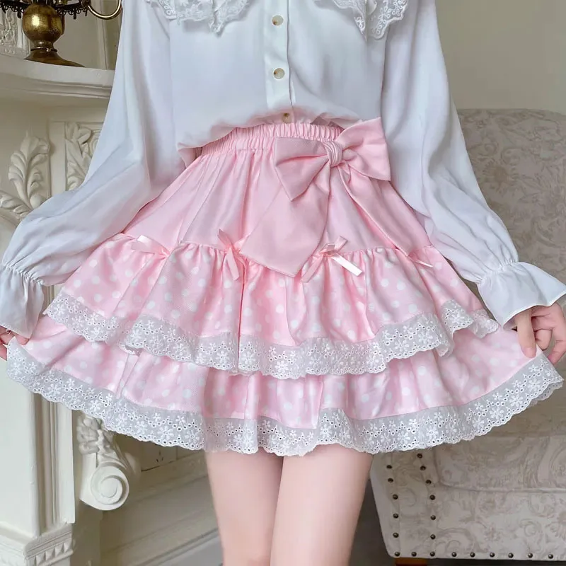 

Plus Size Sweet Girl Cake Skirt Kawaii Lolita High Waist Soft Cute Bow Lace Ruffles Mini Skirts Harajuku COS Y2k A Line Skirt