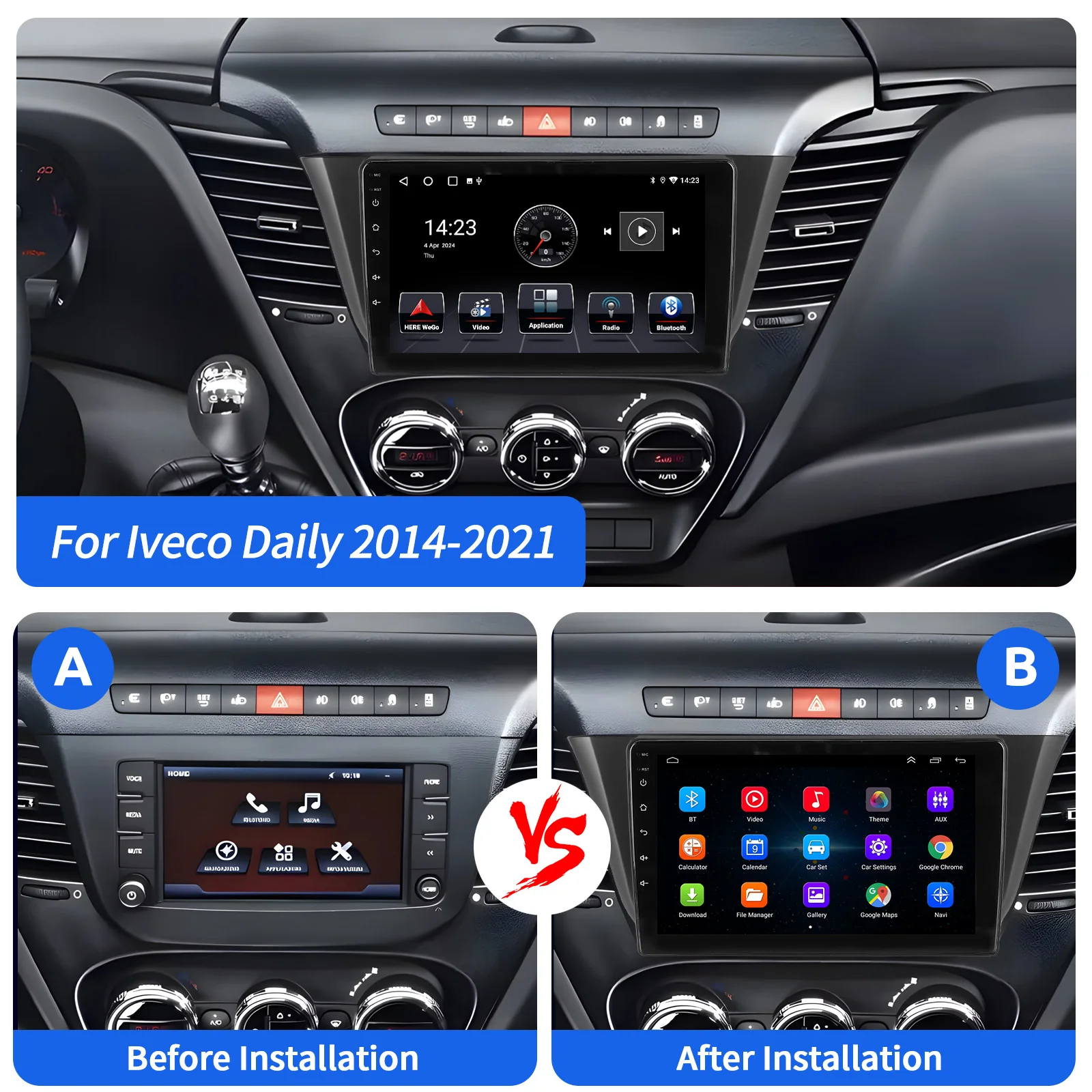 ESSGOO 9 "2DIN راديو ستيريو للسيارة أندرويد 14 لاسلكي Carplay أندرويد أوتو لـ Iveco Daily 2014-21 BT FM GPS Nav Wifi Mirror Link