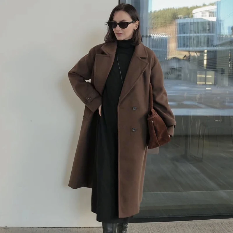 

Women Long Brown Coat Ladies Long Overcoat Winter Duffle Coat For Woman New In Outerwears Tweed Elegant Women's Long Sleeve Top