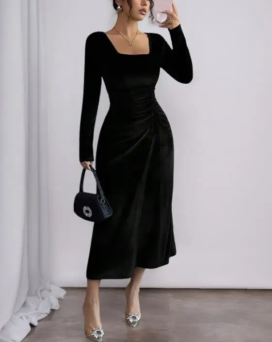 

Velvet Women's Dress Spring New Style Gorgeous Elegant Velvet Square Collar Drawn Lace Slimming A-Line Long Sleeve Banquet Skirt