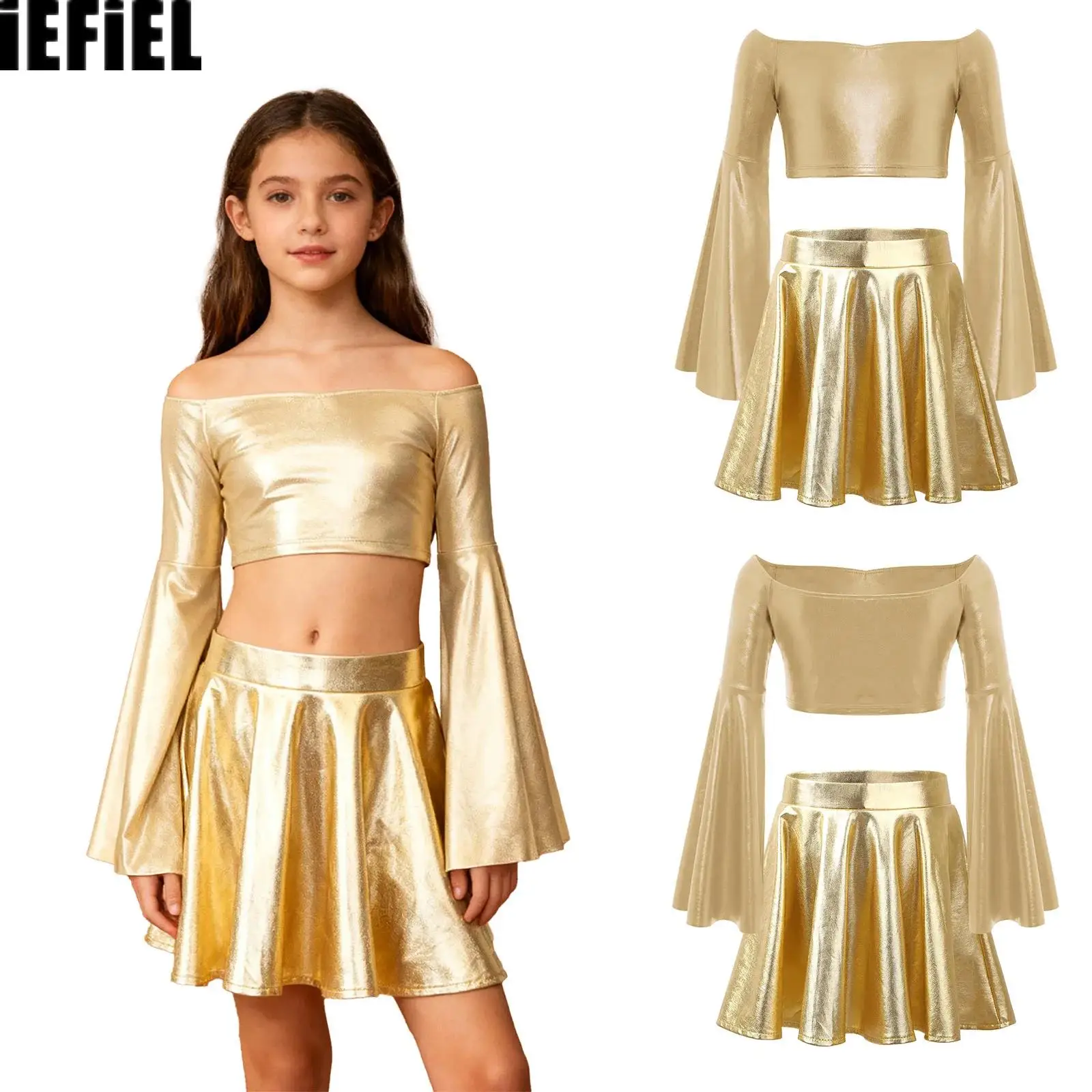 

Kids Girls Metallic Jazz Sets Long Flared Sleeve Off-Shoulder Crop Top with Shiny Ruffled Skirt for Party Performance