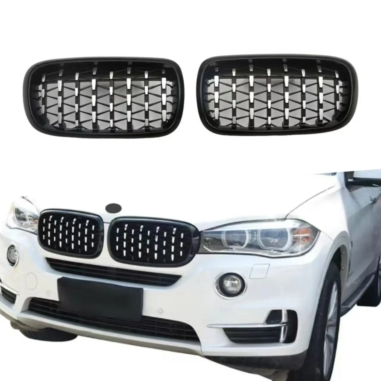 

For BMW F15 F16 X5 X6 F85 F86 2014-2018 Front Bumper Kidney Racing Grille Glossy Black Diamond Grill