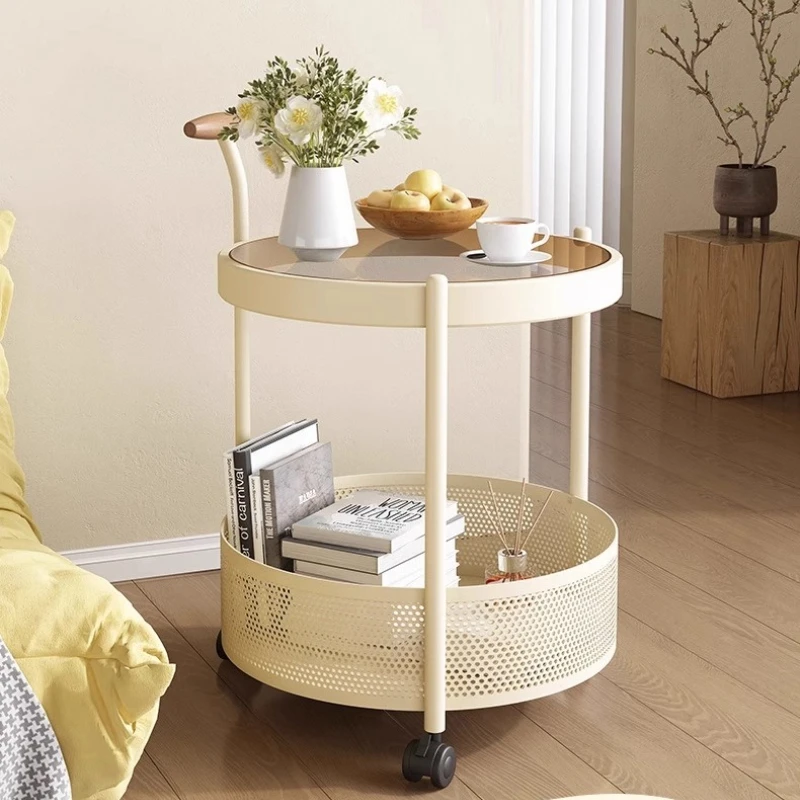 

Кремовая тележка на колесиках, мобильный приставной столик для дивана, 2-уровневая полка для хранения, шикарная прикроватная тумбочка на колесиках ‌