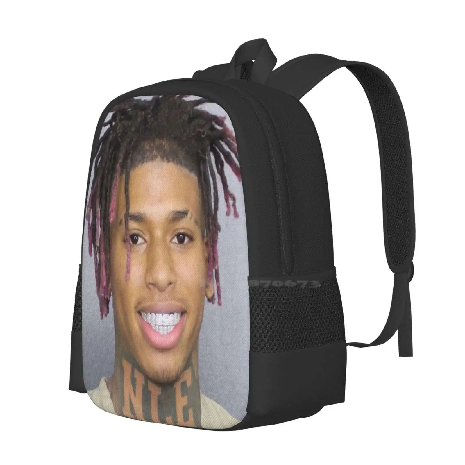 Nle Choppa Smiling Mugshot Teen College Student Backpack Pattern Design Bags Nle Choppa Shotta Flow First Day Out Beat Box Blue