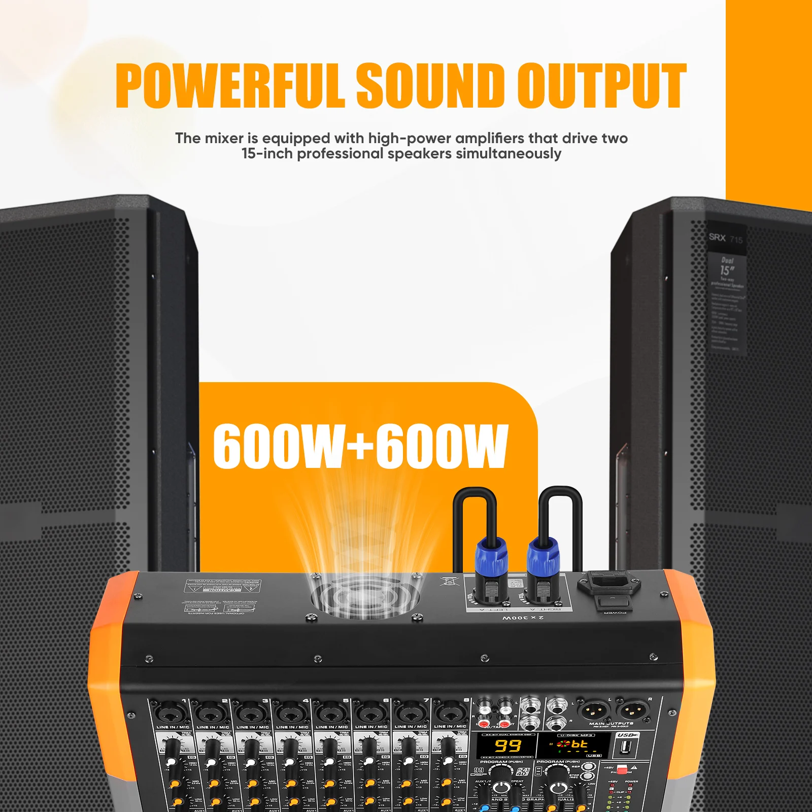 600W*2 8-Channel Powered Mixer with 99 DSP & Bluetooth 7-band EQ precise control USB streaming & recording,for stage studio