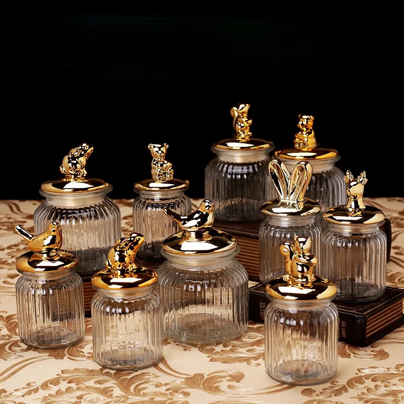 Modern Transparent Glass Sealed Jar Storage with Lid Golden Animal Decoration Candy Bottle Tea Box Kitchen Utensils