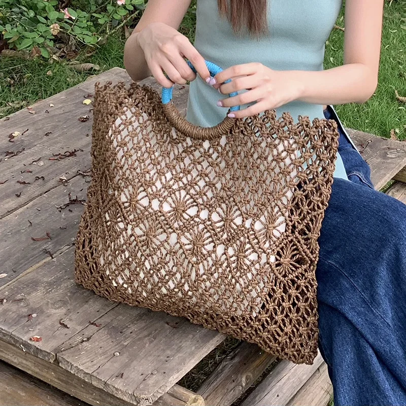 Bolsa de praia de malha oca para mulheres, bolsas grandes de crochê, sacos tecidos corda boêmia, alça redonda, bolsas compradoras de viagem