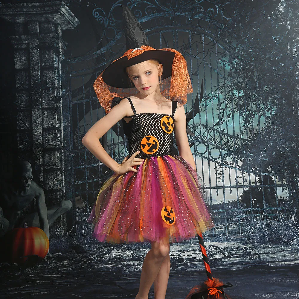 Halloween Girls Tutu Dress Rainbow Tutu for Kids Carnival Party Costume Tulle Dresses with Hat Broom Pumpkin Monster Cosplay