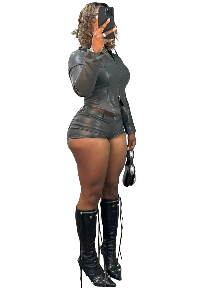 Zweiteiliges Set im Y2K-Punk-Stil für Damen mit Reißverschluss, PU-Leder, bauchfreie Jacke und sexy Shorts, Damen-Outfits, Streetwear, passende Sets – Detail 5