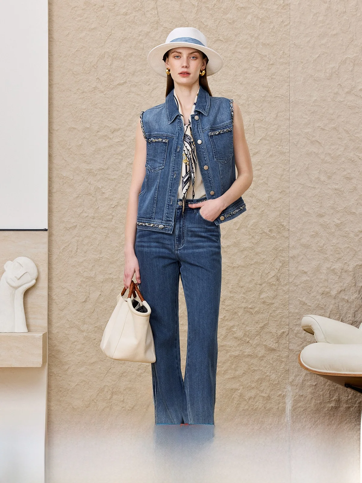 

High Waist Flared Jeans Set Handmade Woven Belt Denim Suit Women's Fashion Spring Collection No Sleeve Top Long Pants