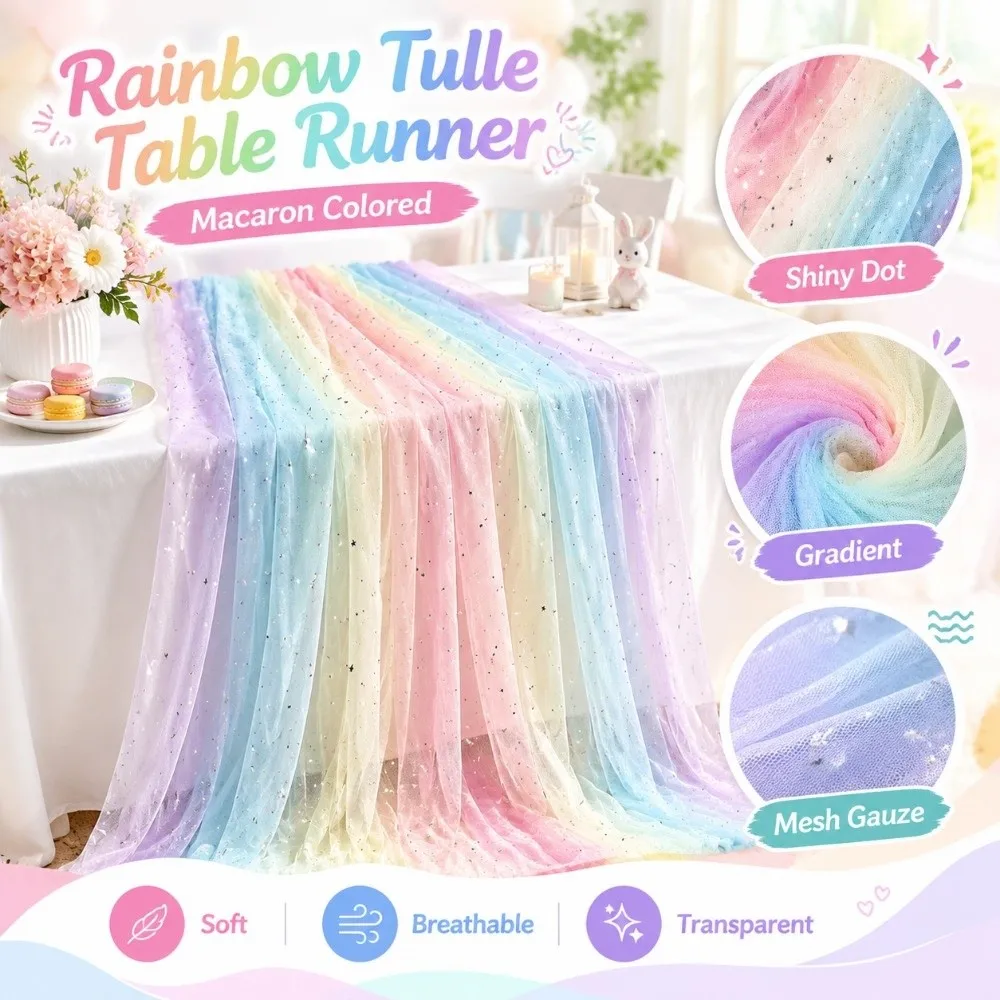 Macaron Colored Rainbow Tulle Table Runner Shiny Dot Gradient Table Flag Mesh Gauze Soft Mesh Tulle Fabric DIY Sewing Supplies