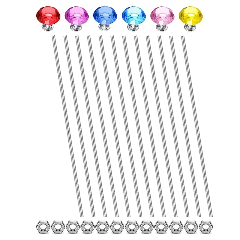 12Pcs M4 8/32 Inch Threaded Rods Kit For Beads, Fully Threaded Rods And Studs With 6Pcs Colorful Crystal Knobs, Threaded Rod Set