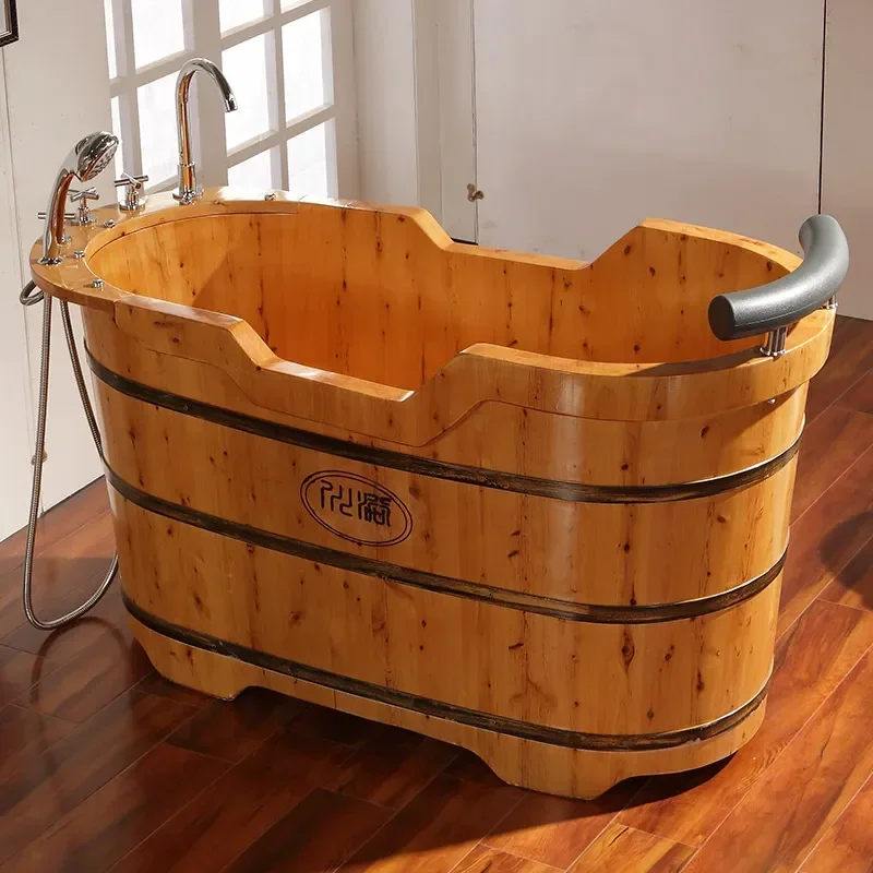 Large Cedar Wood Bath Tub Bucket for Adults with Faucet Household Wooden Bathtub Basin for Home Spa Relaxation