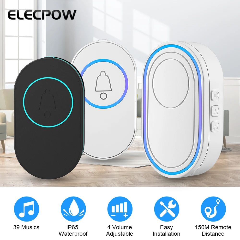 Elecpow-スマートドアベルip65,ワイヤレス,防水,39曲,4レベルのボリューム,長さ150メートル,距離ドアチャイム