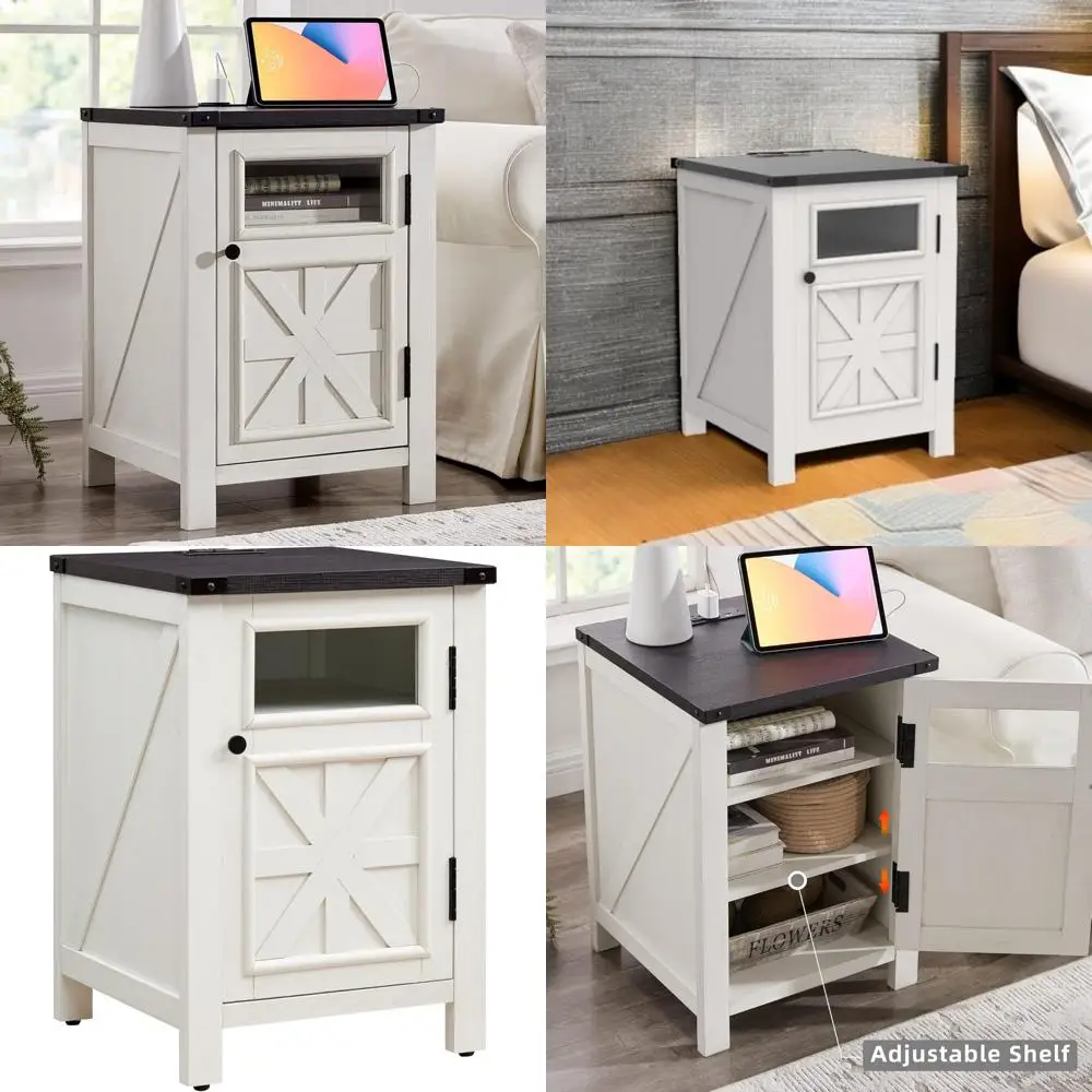 

Farmhouse End Table with Charging Station, 18'' Rustic Nightstand with Barn Door & Adjustable Shelf, Wooden Sofa Side Table wit