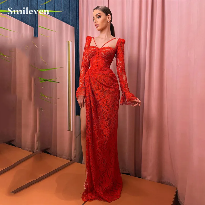 

Smileven Red Lace Mermaid Evening Dresses Long Flare Sleeve Formal Occasion Dresses For Women Sexy Party Dress robes de soiré 20