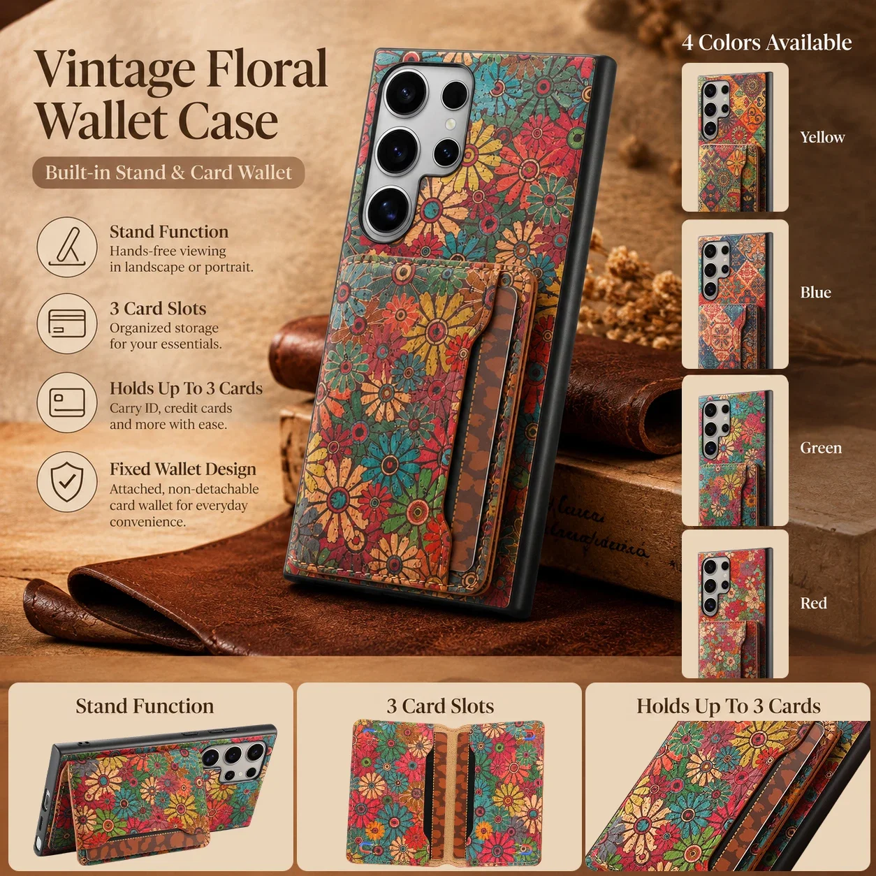 Denior Boho Floral Cork Wood Wallet Phone Case For Samung Galaxy S26 Ultra S25 Plus S24 With 3 Card Slots Kickstand Non Magnetic