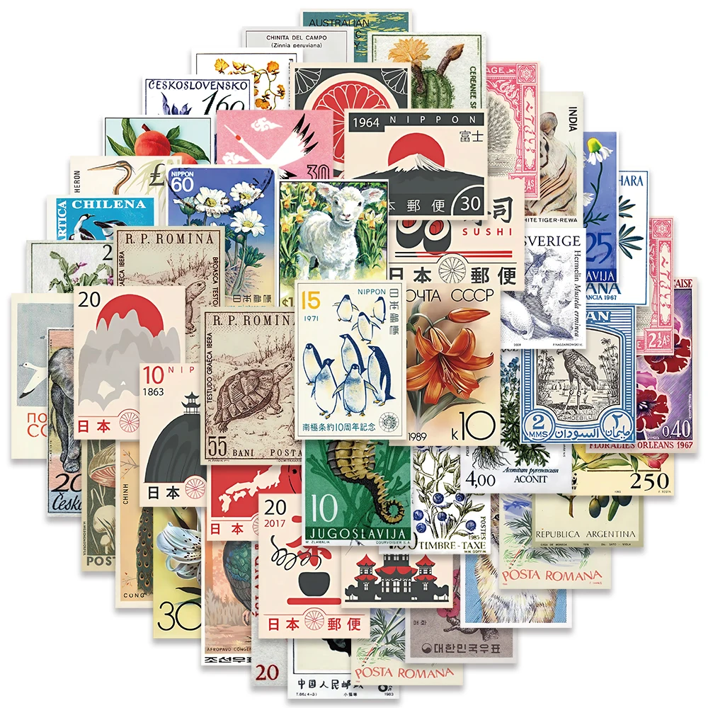 50pcs Japanese Style  Retro Stamps Stickers Vinyl Waterproof Graffiti Decals Laptop Luggage Stationery Scrapbook Diary Sticker