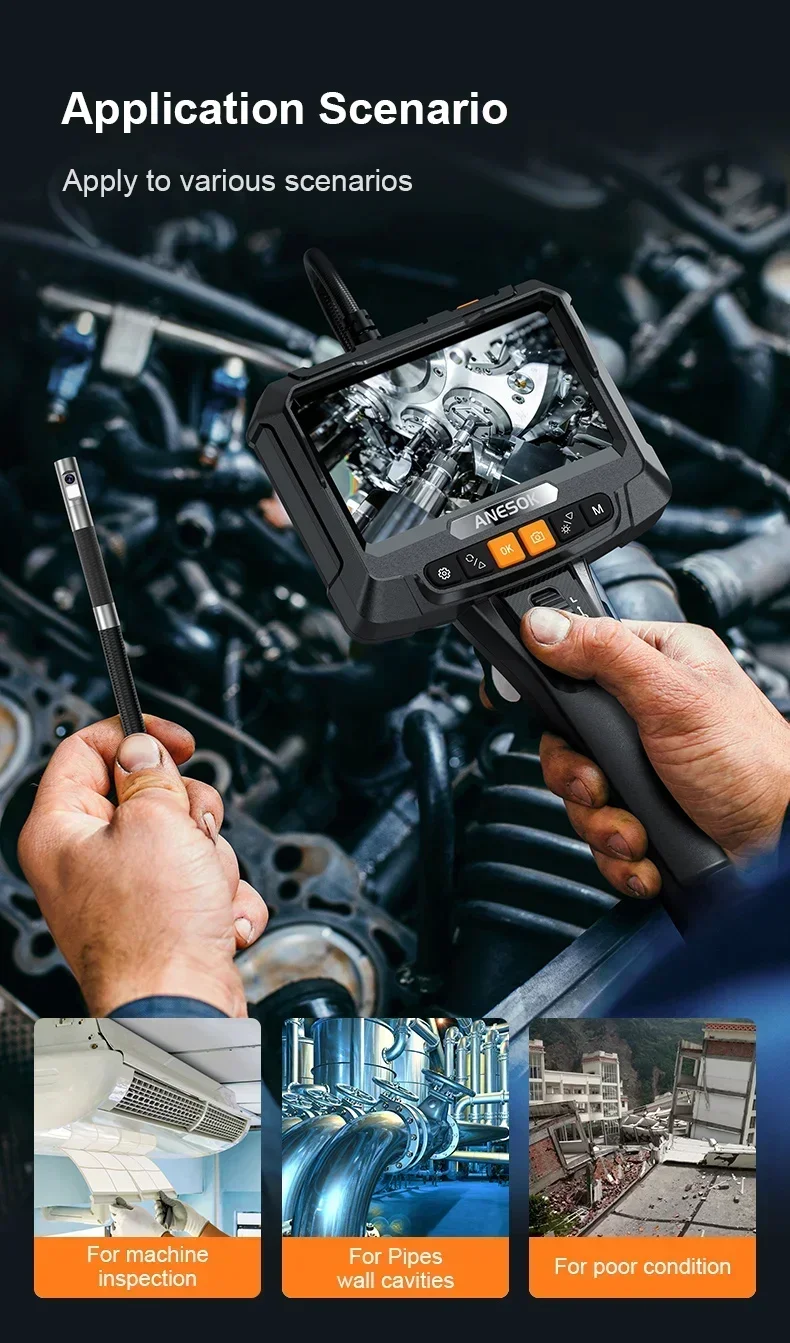 Anesok S10 Telecamera per endoscopio con sterzo bidirezionale da 180 gradi Telecamera per periscopio per auto Strumenti diagnostici per endoscopio industriale da 6,0 mm