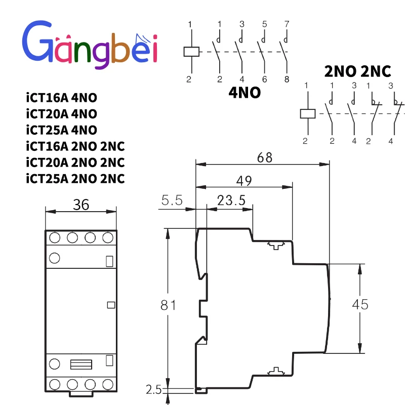 ICT 4P 16A 25A 4NC 4NO 2NO2NC 3NO1NC 220V 50/60HZ contactor de CA para el hogar, carril Din