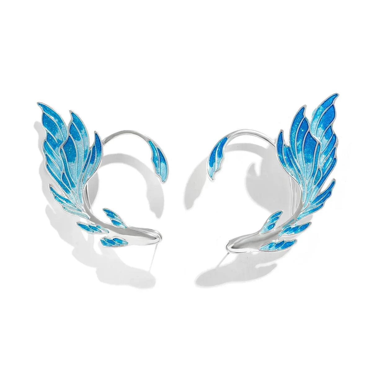 Luxury Blue Painted Elf Ear Accessories for Women Fish Ear Clip Earrings Fairy Wings Without Piercing Earrings Wedding Jewelry