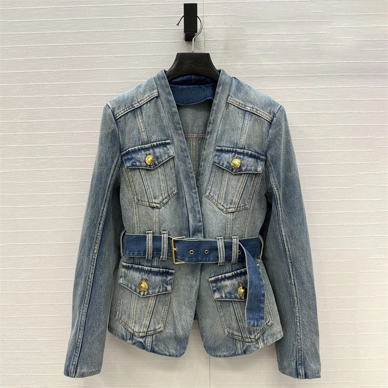 

Women's jacket New autumn 2025 waist belt slim fit V-neck long sleeved top Retro cotton women's coat denim jacket y2k outerwears