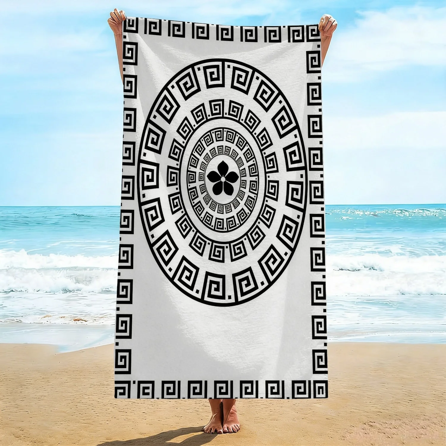 Oversized Greek Key Beach Towel, Soft Microfiber Quick Dry Black White Meander Print Bath Towel, Large Pool Travel Beach Blanket