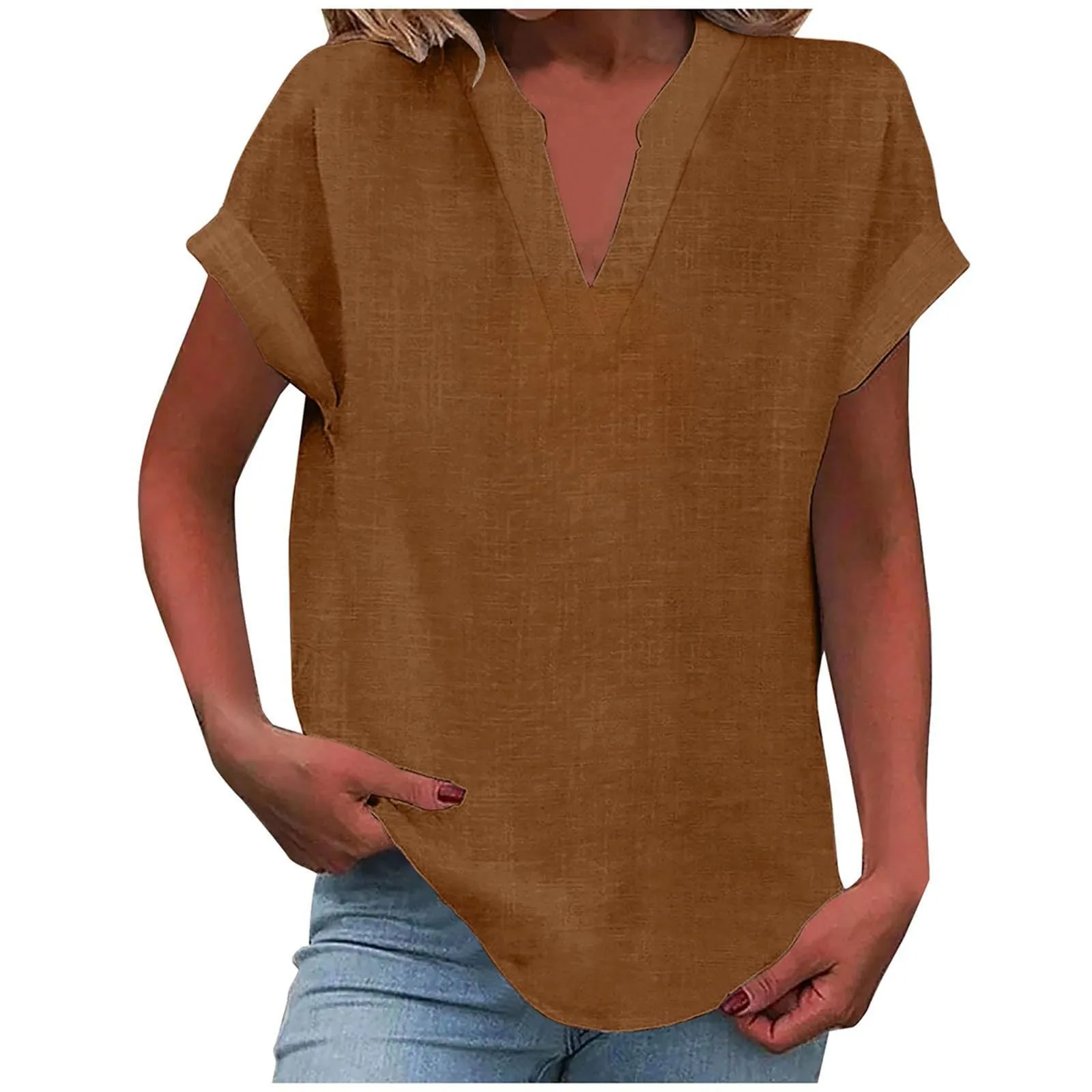 

Casual Fashionable Simple Daily V-neck Cotton Linen Solid Color Women's Bat Sleeves Summer Multifunctional Short Sleeved Shirt