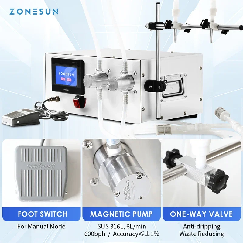 Zonesun Magnetic Pump Semi Automatic 2 Head Liquid Filling Machine Water Bottle Filler Juice Drinks  ZS-MPZ2