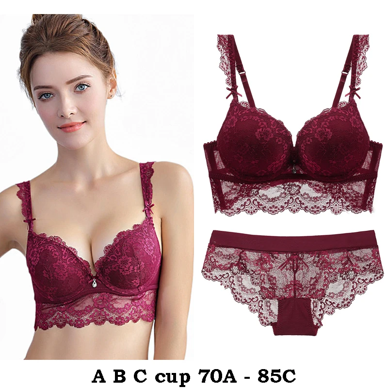 

high quality sexy women bras and brief set push up A B C cup lace comfortable wire summer lingerie underwear black blue red