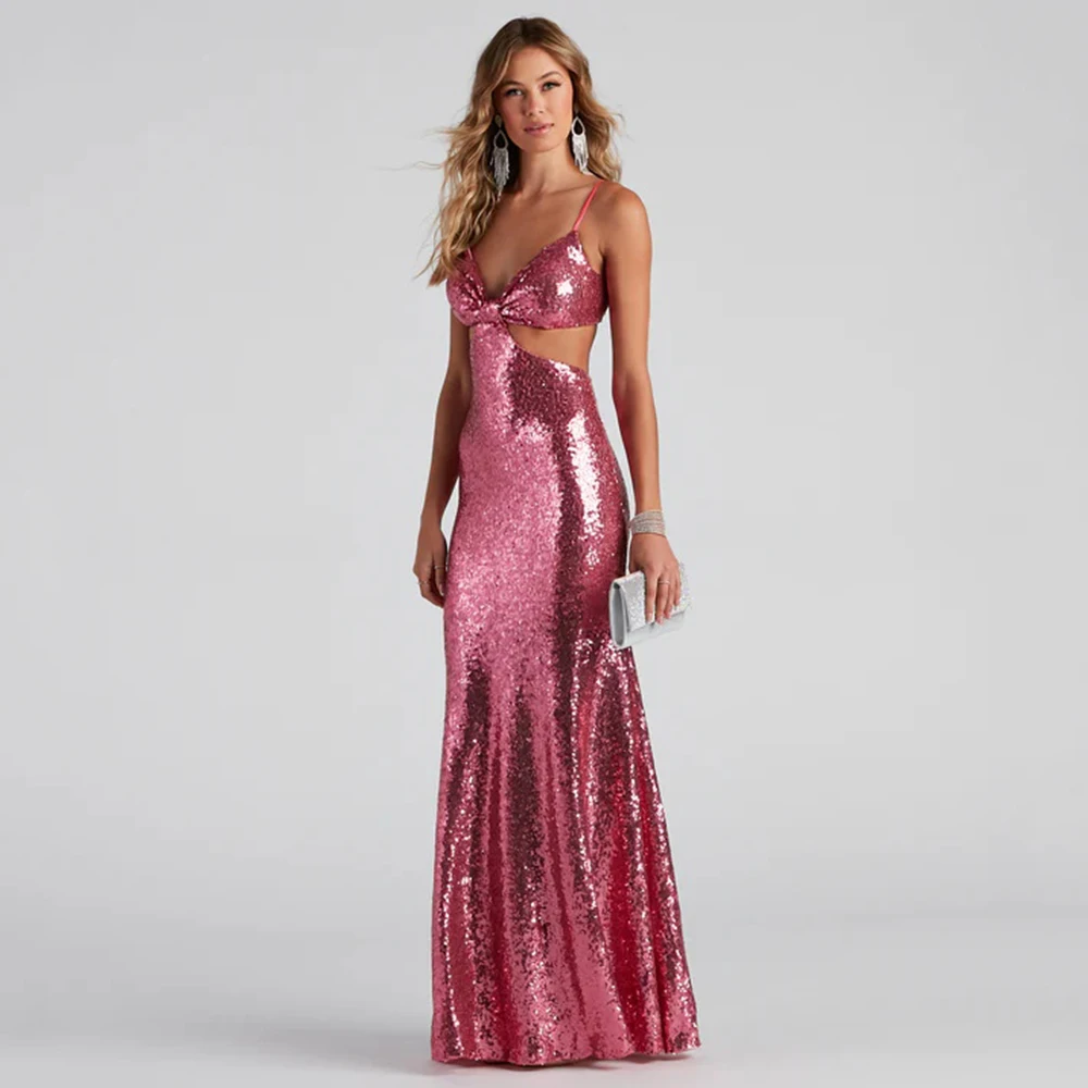 

Sexy Mermaid Sequined Evening Dresses V-Neck Spaghetti Strap Glitter Long Prom Gown Simple Backless Party Dress vestidos de noch