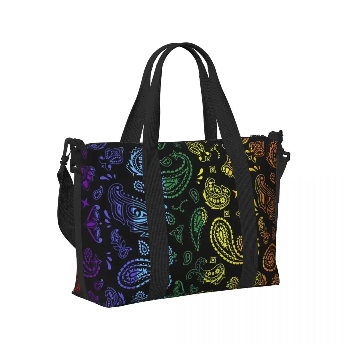 

Colorful Paisley Black Pattern Beach Travel Bag Large Capacity Tote Bags for Gym Sport Women Shopping Duffle Shoulder Bag