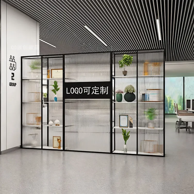 Office glass partition company entrance front desk shelf entrance logo image wall office area screen