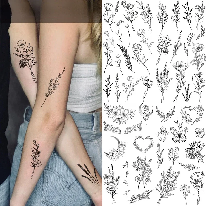 Tatuaje de flor negra, pegatina de tatuaje de boceto, tatuaje de flor de rosa, tatuaje falso temporal resistente al agua para mujer, pegatina de tatuaje artístico