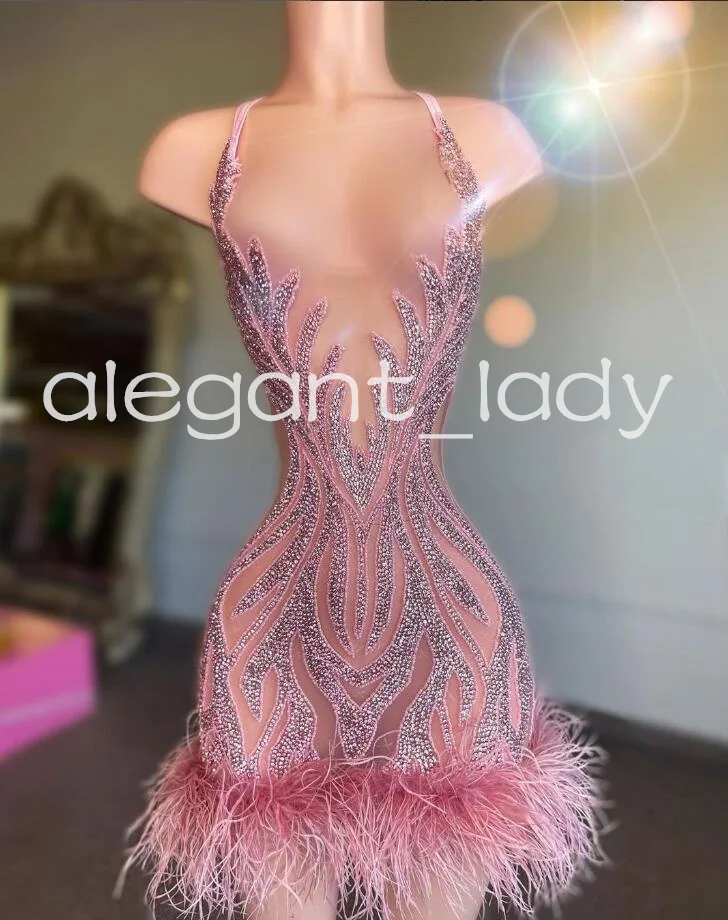 Blush Pink Short Prom Homecoming Dresses for Women Sparkly Diamond Beaded Feather Birthday Party Gown abito da cerimonia