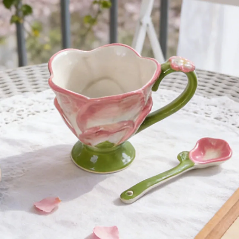 High Beauty Flowers Shaped Female Ceramic Mug Creative Splicing Color Design Household Coffee Cup Gift Water Cup Milk with Spoon