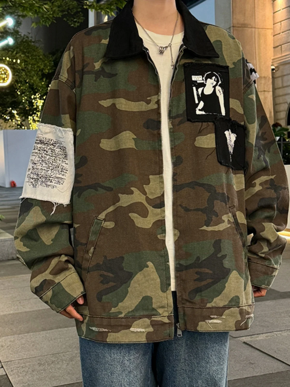 

Casual Camouflage Patchwork Men's Jaet American Sle Spring Autumn High Street Outerwear Loose Fit Youth Trend Zipper Closure