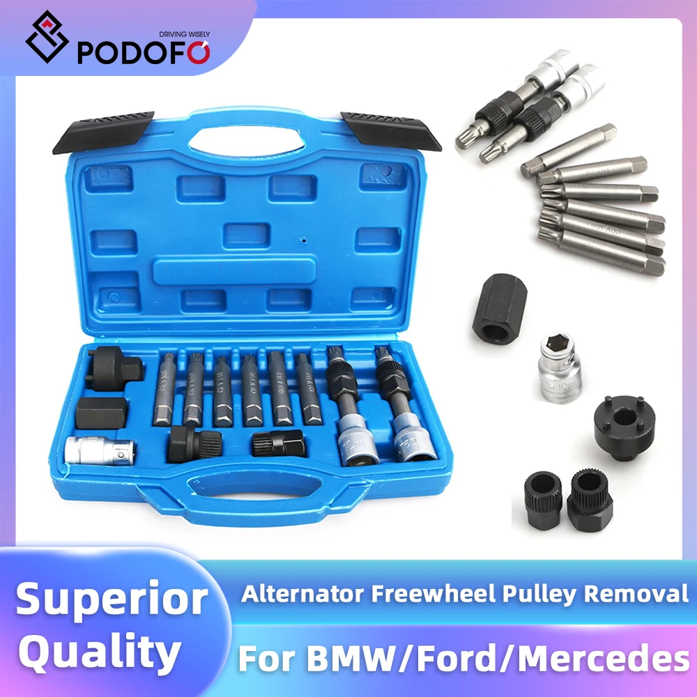 Podofo Spline Star Bit Tool Set Alternator Tools for BMW/Ford/Benz/Renault/VAG 13Pcs Alternator Freewheel Pulley Removal Socket