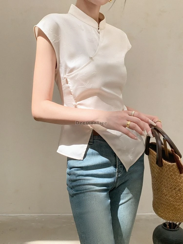 2024 new chinese style stand collar sleeveless irregular hem design t-shirt women\'s summer slim-fit fashion daily cheongsam top