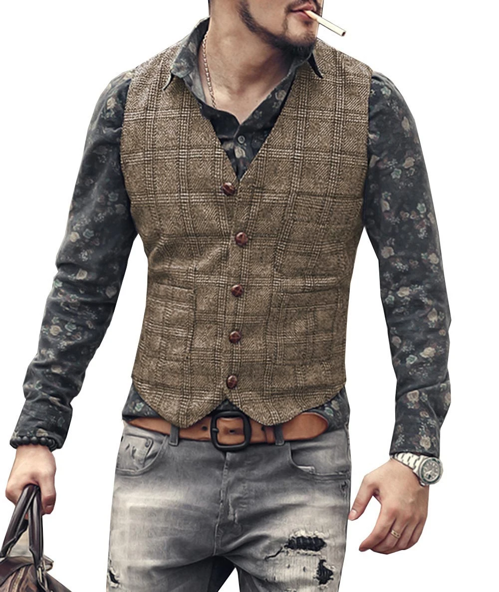 Mens Vintage Business Vest Plaid Classic Coat Tweed Slim Fit Formal Waistcoat for Wedding Groomsmen