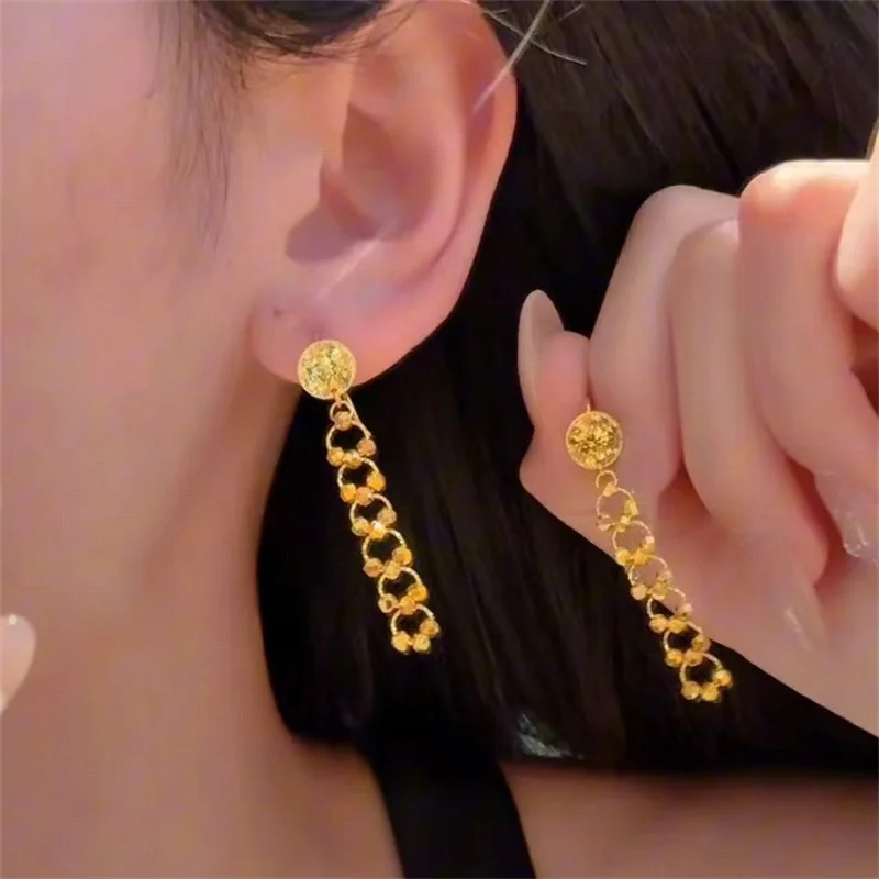 

AU750 gold sparkling crushed ice lace laser bead ear hook earrings for women 18K fashionable design ear accessory gift