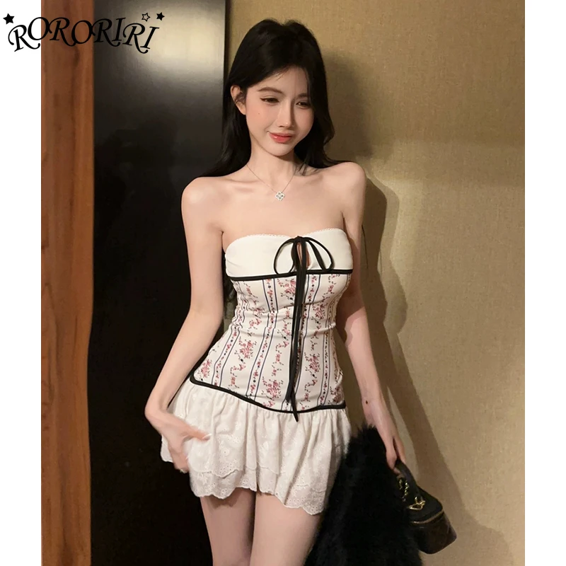 RORORIRI Retro Hollow Ruffle Stitch Floral Mini Dress Women Ribbon Cut-out Backless Strapless Corset One-piece Grayu Y2k Clothes