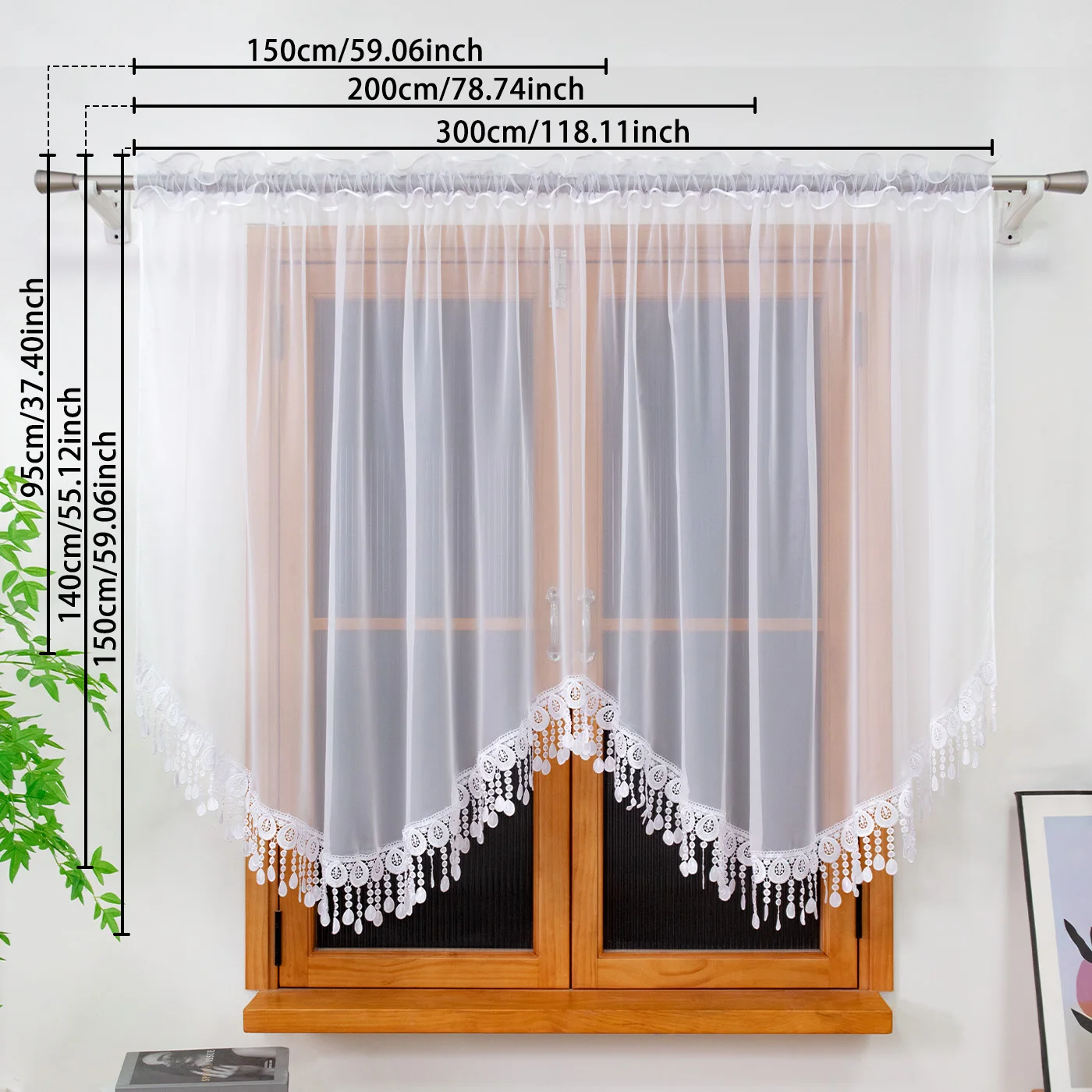1PC Vintage Floral Sheer Window Curtain, Lace Trim Semi Transparent Drape, For Kitchen Living Room, Sweet Housewarming Gift