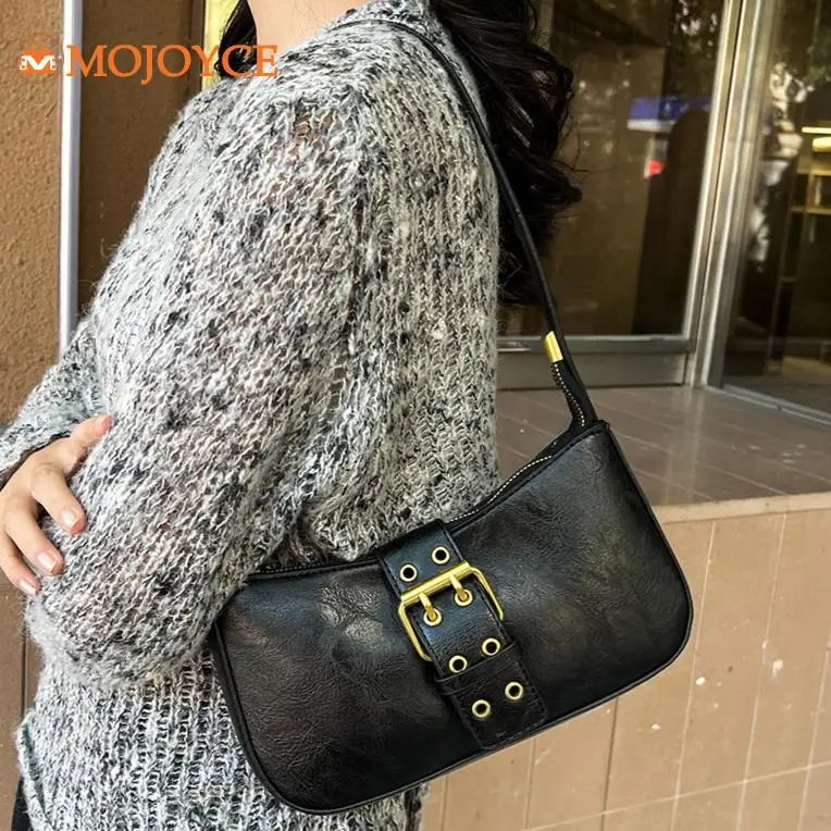 Korean Buckle Decora Underarm Purses Retro PU Leather Tote Handbag Y2K Deisgner Solid Color Shoulder Bag Women Luxury Armpit Bag