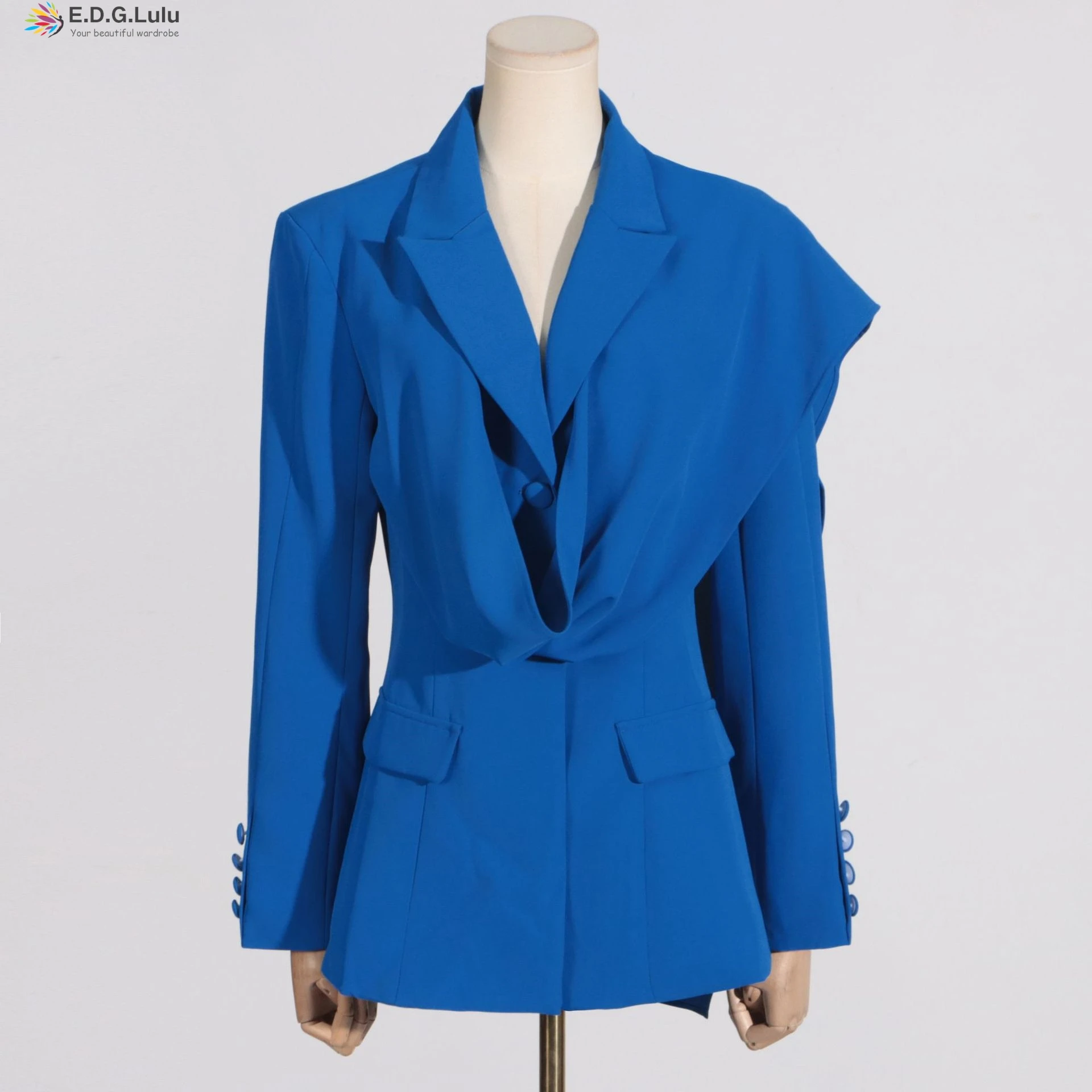 EDGLuLu 2024 Spring Autumn Blue Suit Jacket Women's 2024 New Design Irregular Long Sleeves Office Ladies Blazers Coat Top 0905