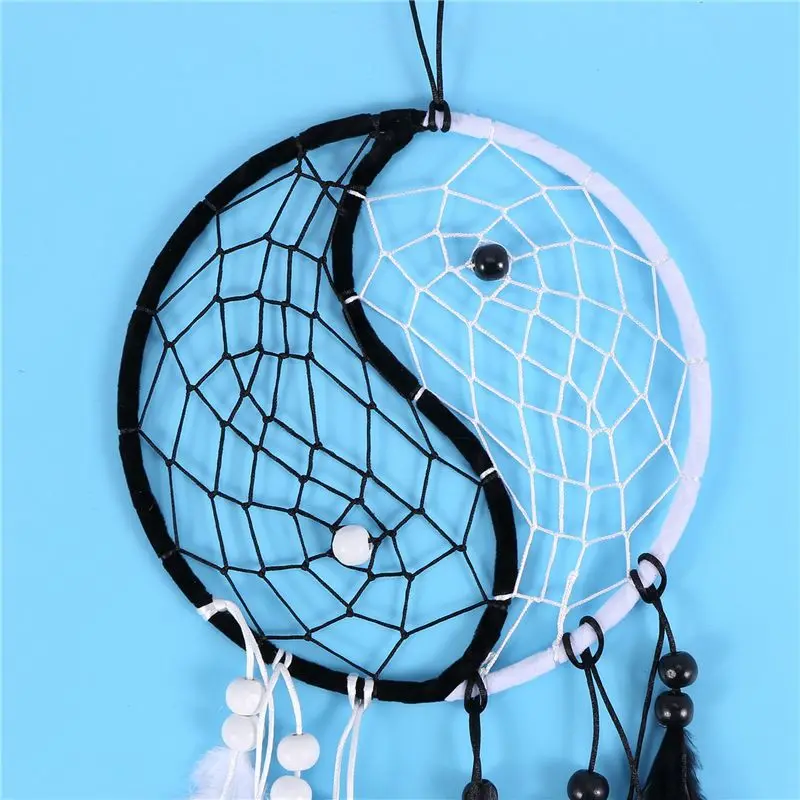 B84B Handmade Yin Yang Dream Catcher Circular Net with Feathers Beads Black and White Home Wall Decor