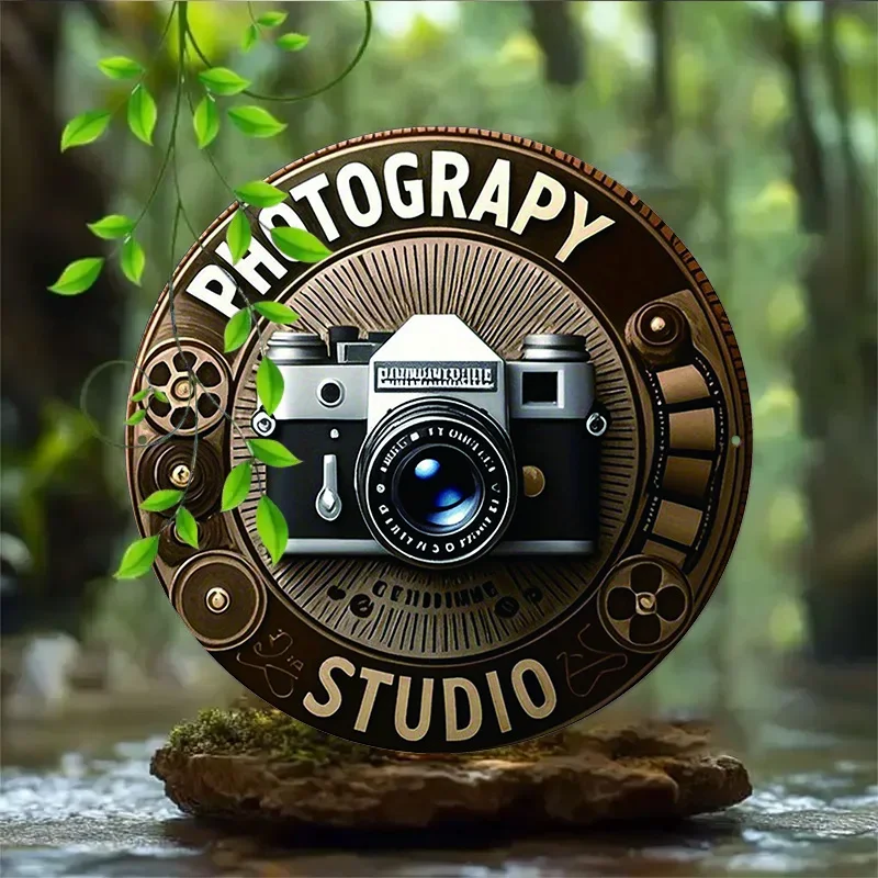 1pc 2D Flat Round Metal Tin Sign 20x20 Inch Retro Camera Photography Studio Pattern Wall Plaque Studio Decor
