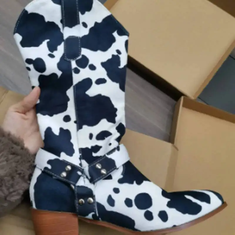 White Western Boots Chunky Heels Pointed Toe Cow Women's Mid Calf Cowboy Boots Slip On Shoes