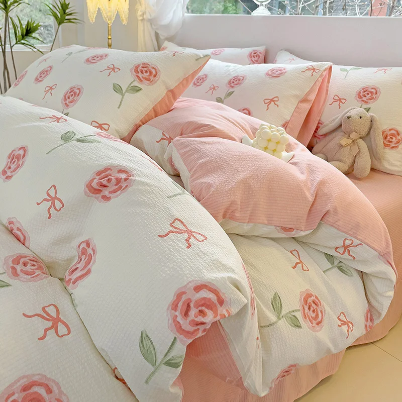 Floral Printed Duvet Cover Set with Sheet Pillowcases No Filling INS Princess Bedding Linens for 2.0m Bedspread Woman Girls