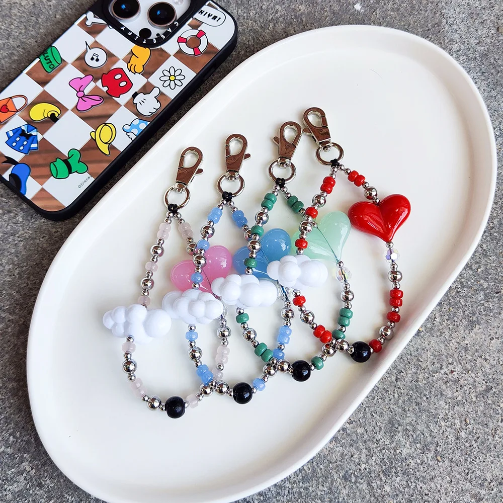 HERLOOK Red Heart Keychain Y2K Key Charm Accessories Cloud Keyring Beads Key Chain Daily Clothing Decor